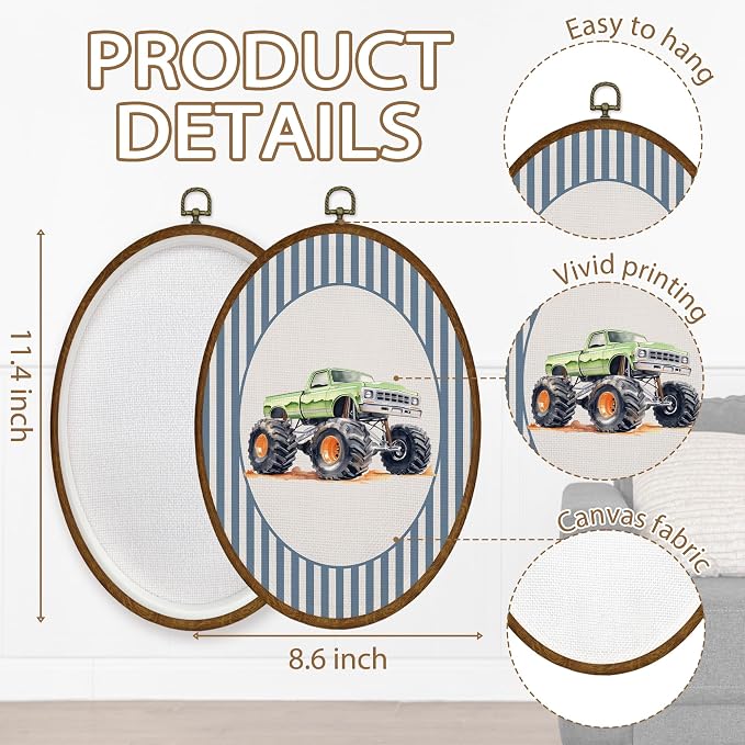 WULQYING Vintage Green Truck Nursery Wall Art Decor, Boy Nursery Oval Framed Canvas Art Prints, Blue Striped Truck Wall Hanging Decor for Kids Boys Toddler Room Bedroom Playroom, 8.6x11.4 Inches