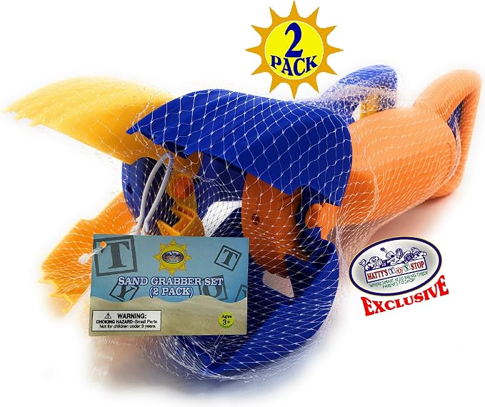 Matty's Toy Stop 14.5" Plastic Sand Grabber Claw Scoops for Sand & Beach (Blue/Yellow & Orange/Blue) Gift Set Bundle - 2 Pack