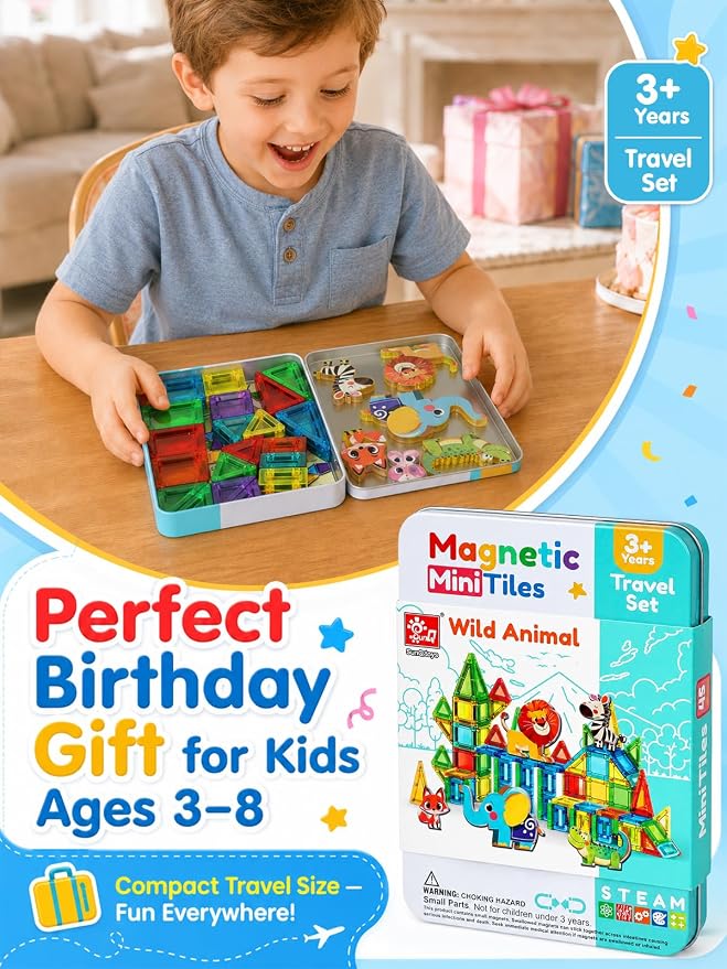 45PCS Mini Magnetic Tiles for Kids Ages 3-8, Travel Magnetic Building Blocks Set with 5 Animal Figures, STEM Toys for Boys Girls, Portable Tin Case, Lion Zebra Fox Elephant Crocodile