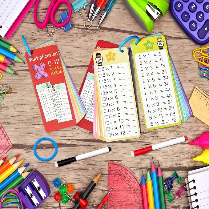 Multiplication Flash Cards 0-12, 15PCS Times Table Flash Cards Chart, with Dry Erase Markers Sorting Ring, 1st, 2nd, 3rd Grades Educational Math Multiplication Game for Kids Classroom Home
