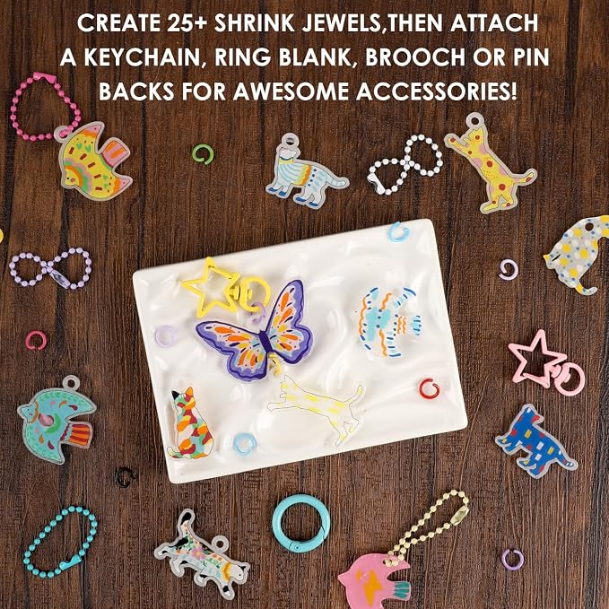 Grabie DIY Shrink Art Craft Kit Jewelry Making Kit for Kids Adults, 25+ Pre-Cut Shapes, 5 Dual-Tip Markers, Custom Charms, Pins, Rings, Keychains (Paws & Wings - Creative Freedom)