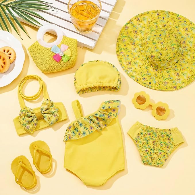Kajaia 8 Pcs Butter Yellow 18 Inch Doll Clothes and Accessories Doll Swimsuit Dress Flip Flop Hat Outfit Swimsuit Accessories