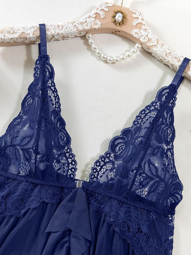 Foxiny Sexy Open Front V Neck Ruffle Sheer Mesh Lace Wireless Babydoll Lingerie Dress with Thong 2 Piece