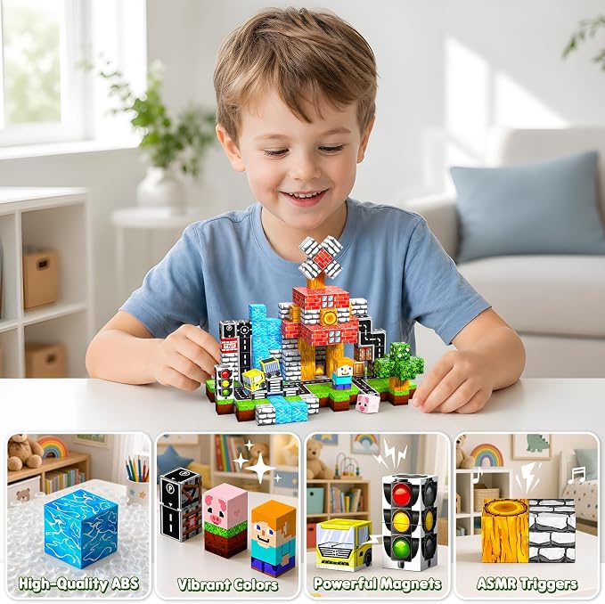 100PCS Magnetic Blocks, Magnetic Building Cube Set for Kids Ages 3+, Constructions STEM Stacking Tiles Toy Building Birthday Gifts for Boys Girls