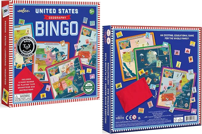 eeBoo: USA Geography Bingo for Kids for Ages 5+, A Fun Kids Learning Game that Teaches About the USA and Improves Memory