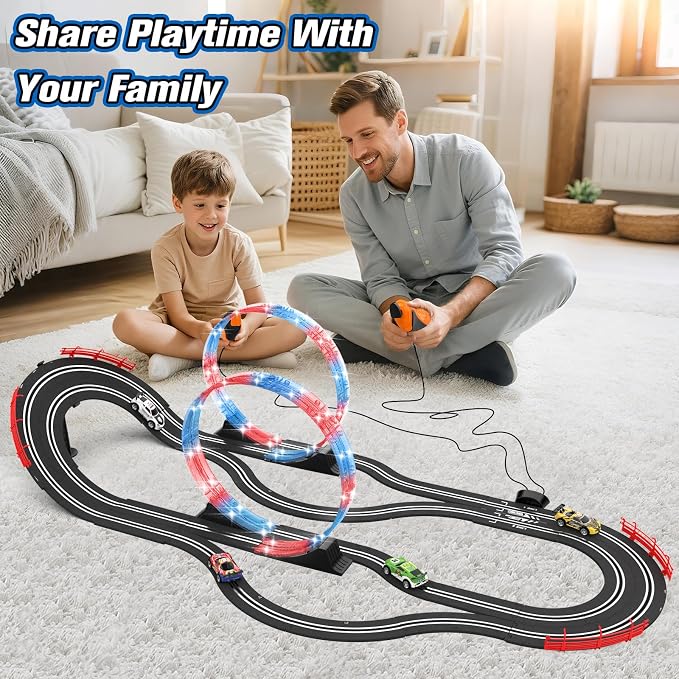 2-in-1 Slot Car Race Track Sets with 4 High-Speed Cars, Electric Track, Dual Racing Game with 2 Controllers, Circular Overpass Design Featuring Flash Tracks. Toy Gift for Boys Kids Ages 4-6 6-8 8-12