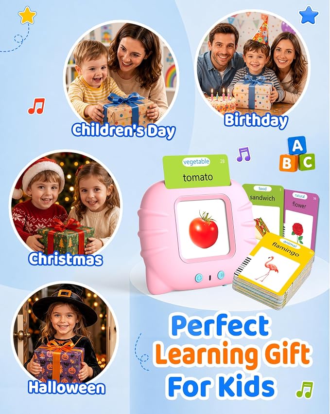 Aullsaty Talking Flash Cards for Toddlers Ages 1-3, 224 Words Montessori Speech Therapy Toys, Autism Sensory Toy, Educational Learning Speech Therapy Birthday Gifts for Boys Girls (Pink)