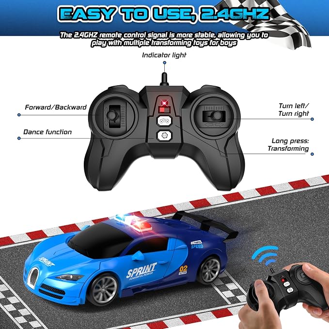 Remote Control Car, One-Click Becoming Robot Transforming Toys Car for Boys, Smooth Deformation, Demo Mode, 360° Rotation, Easy to Use, 2.4GHZ, with LED Lights, RC Cars for Christmas, Kids