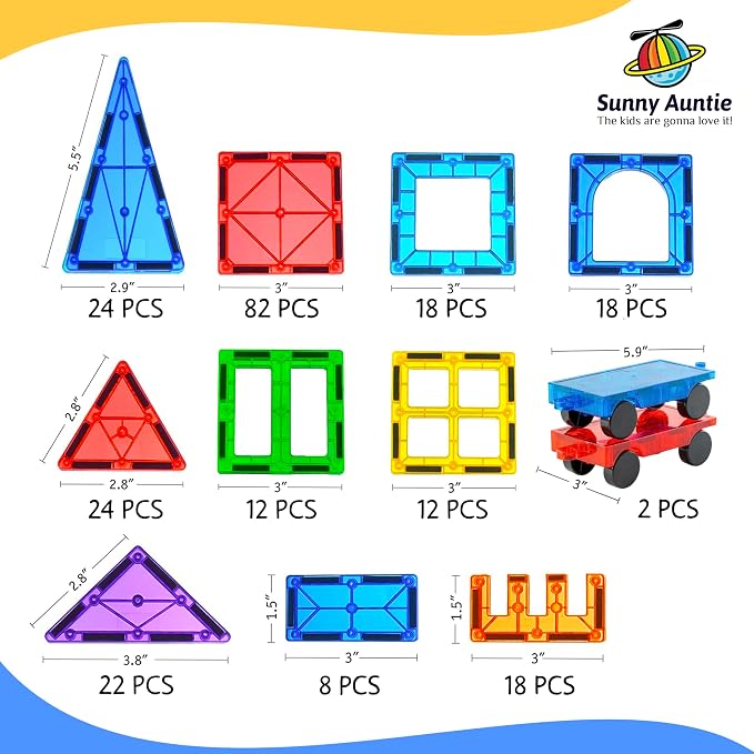SUNNY AUNTIE Magnetic Tiles 240 PCS XL Set with Storage Bag – Magnetic Building Tiles for Kids Ages 3-8, STEM Magnet Construction Toy for Boys & Girls