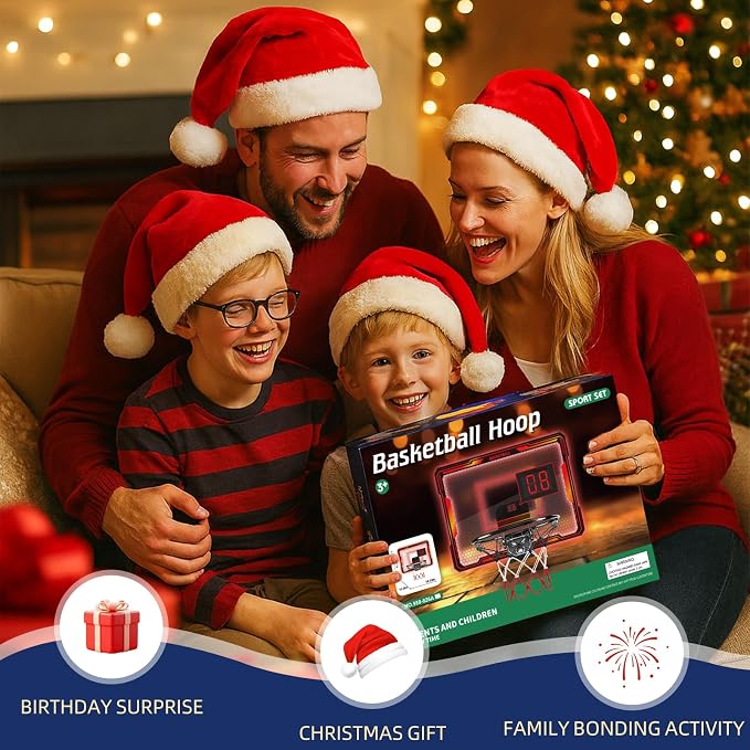 Molutsody Indoor Basketball Hoop for Kids, Over The Door Mini Hoop with LED Light & Scoreboard - Easy Install & Safe for Doors, Birthday for 5 6 7 8 9 10+ Year Old Boys (Red)