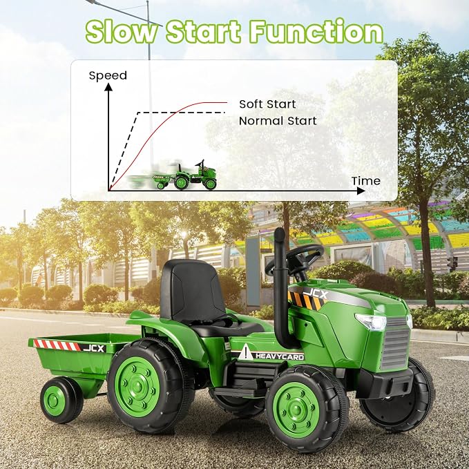OLAKIDS 12V Kids Ride on Tractor, Battery Powered Motorized Electric Car with Trailer, Dual Motors, Remote Control, Light, Music, USB, Toddler Vehicle Toys for Boys Girls (Green)