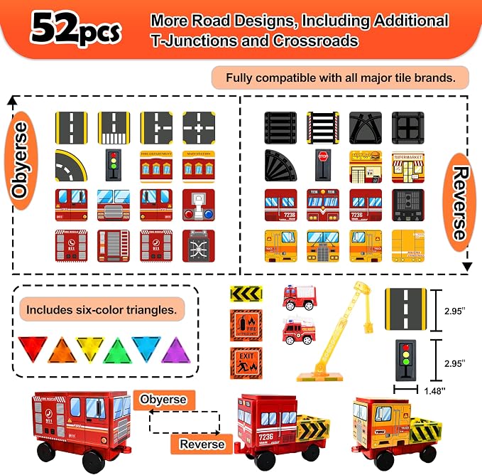 Drofex Magnetic Tiles Road Set with Fire Truck Magnetic Crane, Creative Construction Toys for Kids Ages 3-12, Boys & Girls, Fire Rescue Station and Engineering Themed Magnetic Building Blocks