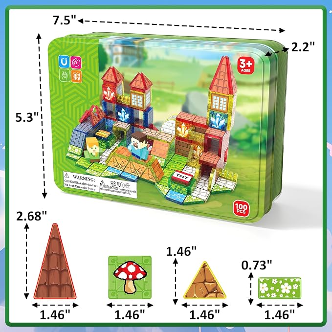JIMI Mini Magnetic Tiles, 100pcs Building Tiles Magnetic 3D Blocks with Metal Storage Box, Portable Travel Set STEM Building Blocks for Kids Ages 3+, Educational Construction Toys for Boys Girls