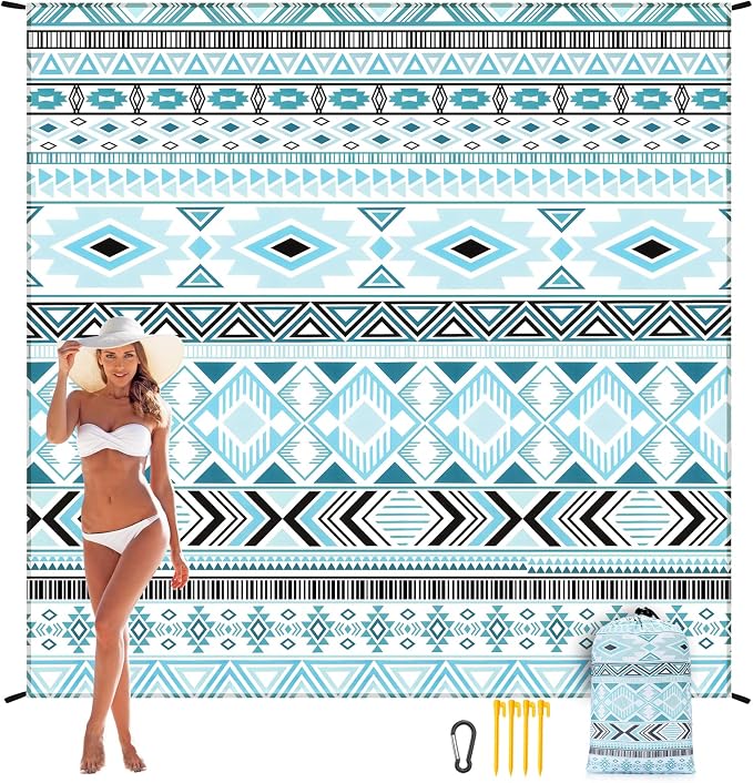 WIWIGO Beach Blanket Waterproof Sandproof Beach Mat 79" X 83"/10'x9'for 2-8 Adults Quick Drying Outdoor Picnic Mat Beach Accessories for Travel, Camping, Hiking