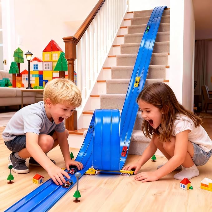 Flexible Race Track Toys for Kids: 20 Ft Flex Race Car Ramp Track with Suction Cups - Rolls Up Portable DIY Racetrack with 4 Racing Cars- Birthday Gifts for Boys Girls Ages 3+