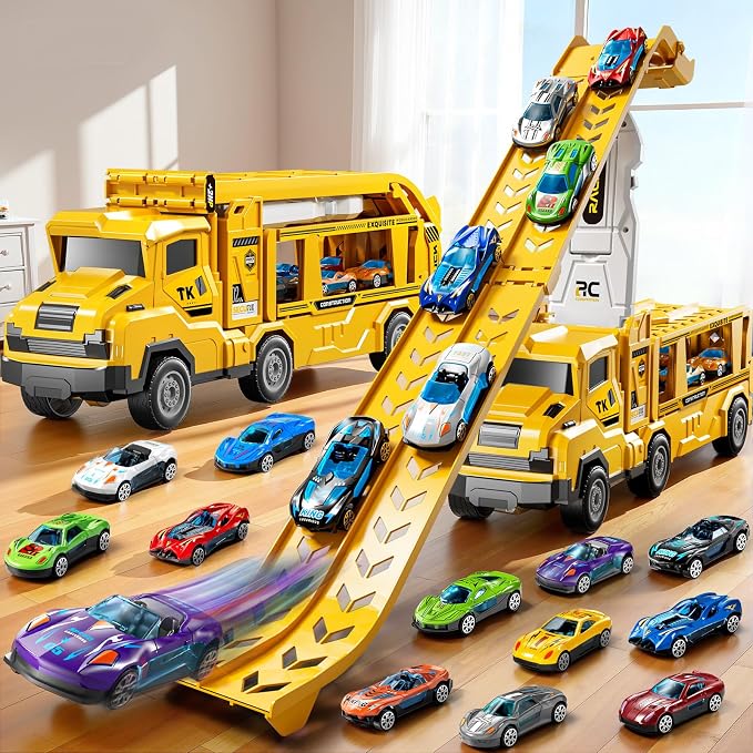 3-in-1 Kid Carrier Truck Toy Car Tracks for Toddlers 2-4 Years Old with 12 Racing Cars Toys, Foldable Chasing Race Track and Car Garage, Car Ramps Birthday Gift for Boys Girls 3-5 4-8(Yellow)
