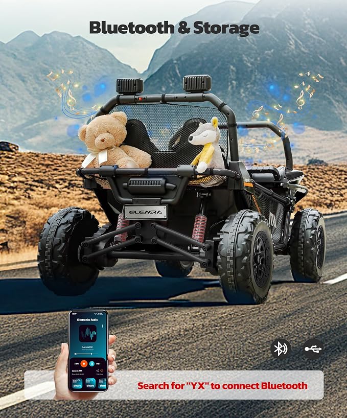 ELEMARA 24V Ride on Car for Kids, 2 Seater XL 20" Seat Ride on Toy, 10AH 4WD Battery Powered 4.5MPH Electric Car with Remote, 3 Speeds, Music Gift for Ages 3-8