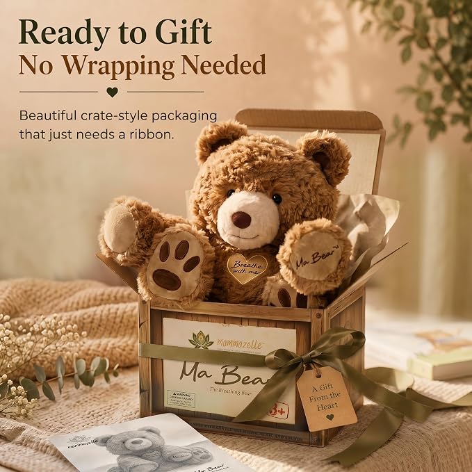 Breathing Teddy Bear Stuffed Animal for Anxiety Relief - Cuddly Breathing Plush with Calming Sounds and Gentle Light - Sleep Companion for Kids 3+, Teens and Adults - Machine Washable