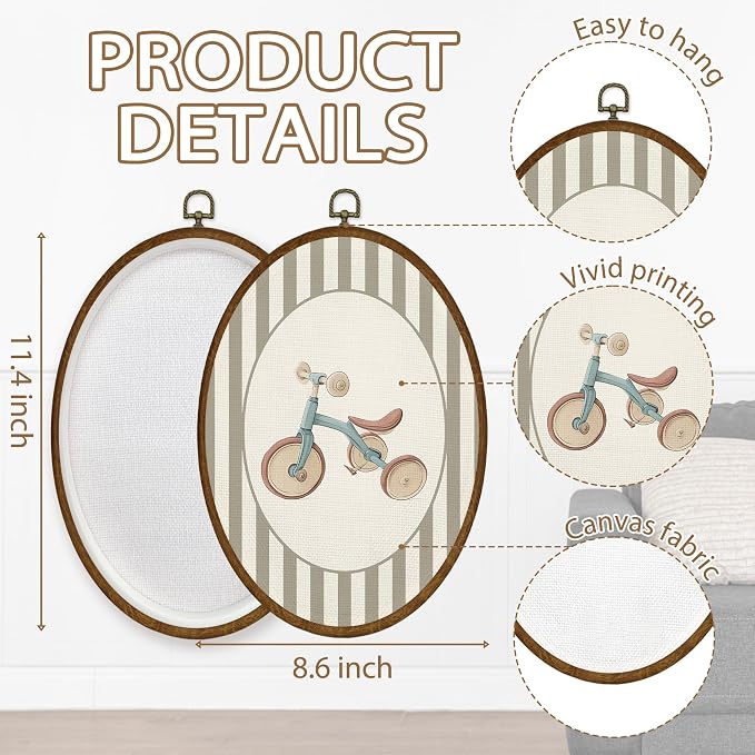 WULQYING Vintage Tricycle Boy Nursery Wall Art Decor, Kids Oval Framed Canvas Art Prints, Neutral Striped Tricycle Wall Hanging Decor for Kids Boy Nursery Room Playroom, 8.5x11.4 Inches
