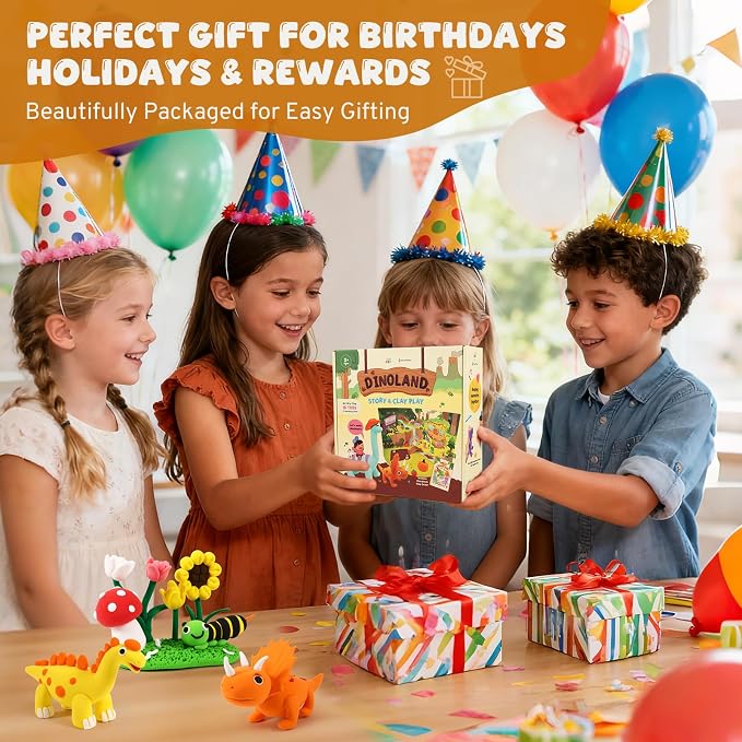 Air Dry Clay Kit for Kids, Modeling Magic Clays, 18 Colors with Storybook, DIY Tutorials, Tools & Scene Cards – Soft, Non-Sticky & Light, Clay Craft Gift for Boys & Girls Ages 3+ (Dinosaur)