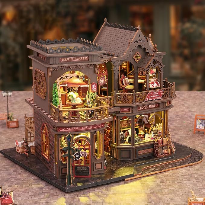 CUTEROOM DIY Miniature House Kit, Wooden Dollhouse Kit with LED Magic Tiny House Kits for Women Adult Gifts for Christmas Birthday (Book Coffee Shop)