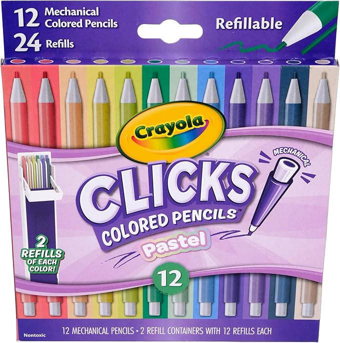 Crayola Clicks 2.0mm Mechanical Colored Pencil Set, 12 Pastel Colors, Cute School Supplies for Teachers, 24 Replacement Cores, Ages 6+