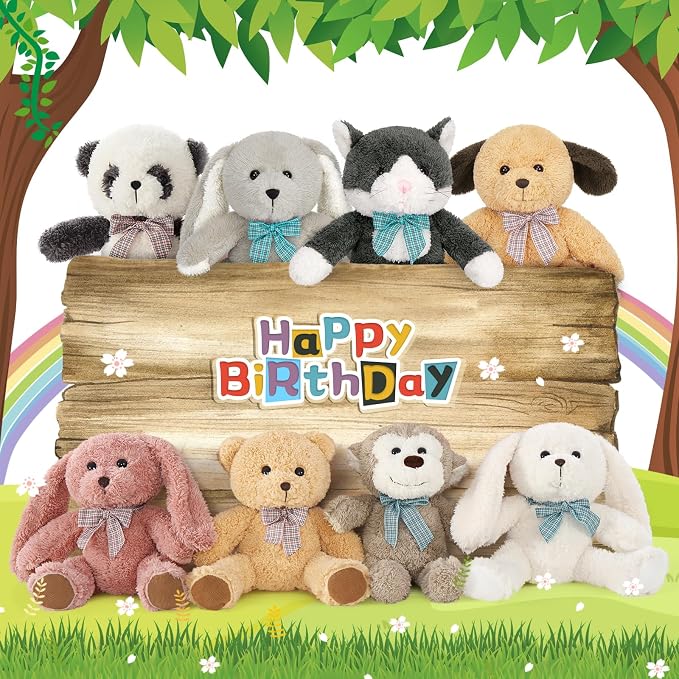 MaoGoLan 13 inch Stuffed Animals Bulk for Mother's Day, 8 Pack Assorted Animals Plush Toy Set with Teddy Bear, Dog, Cat, Panda, Monkey & Easter Bunnies for Girls Party Favors