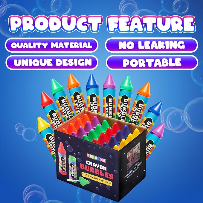 Mini Crayon Bubbles for Kids - (Pack of 24) Bulk 1 Fl Oz Bottles w/Wands - Crayon Shape Bubbles in Bright Colors - Non-Toxic Party Favor Toys, Goodie Bags for Spring & Summer