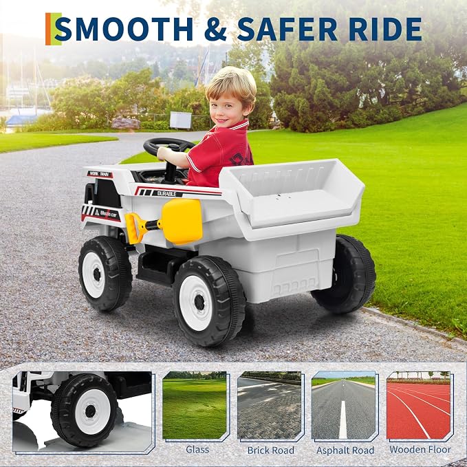 Garvee 12V Ride On Dump Truck for Kids, Ride On Car with Remote Control, Construction Vehicles with Dump Bed & Shovel, Ride-On Toys 16.5 in Spacious Seat, Music, Headlights, Soft Start, White