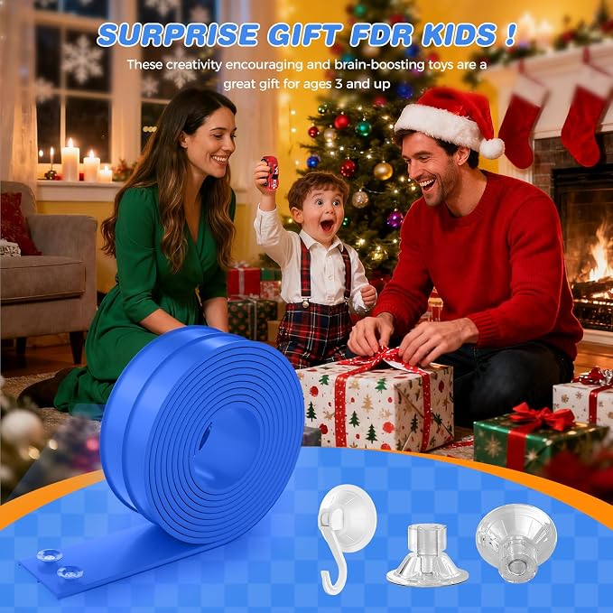 TAEMVV 15 Ft Dual Flexible Race Track for Kids, DIY Ramps Car Track Set Compatible with Hot Wheels 1/64 Diecast Cars, Reinforced Suction Cup for Boys Girls 3+, Solid Blue