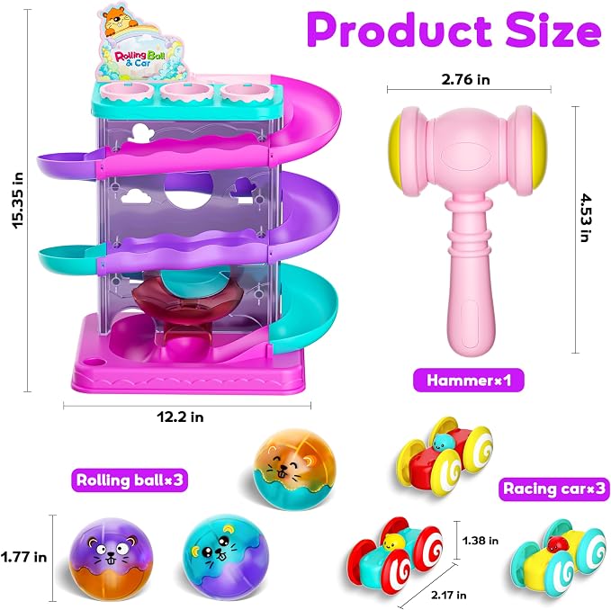 2-in-1 Light-Up Ball Drop & Car Ramp Track Toy with Hammer for Toddlers | Hammer, Launch, Roll and Race with a 2-in-1 Track Toy Made for Hands-On Fun