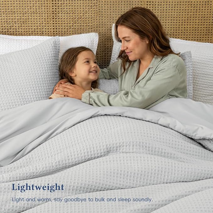 David's Home Waffle Weave Comforter Set 2PCS Twin Size, Soft Breathable Lightweight Cozy Skin-Friendly Warm for All Season, Elegant Aesthetic Home Decor Bedding Set with Pillow Shams, Light Grey