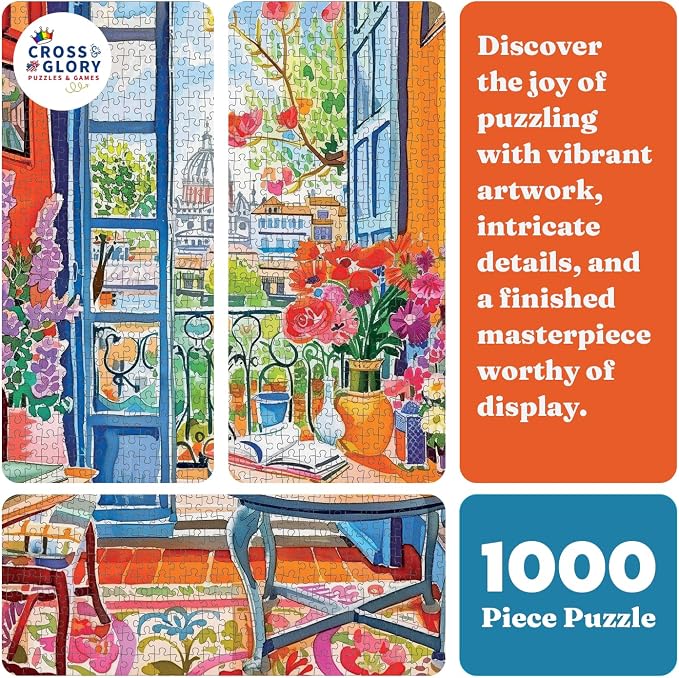 Cross & Glory – Room with a Bloom – 1000 Piece Jigsaw Puzzle for Adults | Colorful Floral City View Puzzle | Vibrant Home Interior Artwork | Premium Ribbon-Cut Puzzle with Satin Finish
