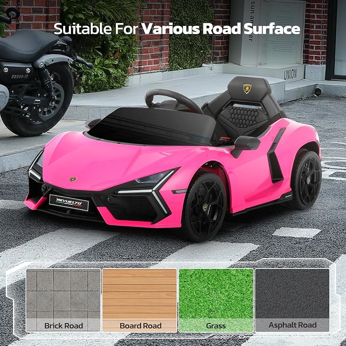 ELEMARA Licensed Lamborghini Ride On Car with Scissor Door,Electric car for Kids with Remote Control,12V Kids Car with Bluetooth,LED Light,MP3 Player and Wide Seat(Pink)