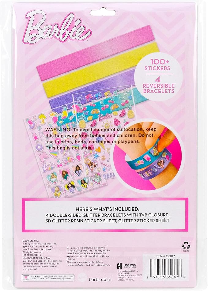 Barbie Sparkle Bracelet Making Kit, 4 Reversible Shimmery Bracelets, 100+ Traditional and Puffy Resin Stickers, DIY Friendship Jewelry, Girls Toys, Arts and Crafts for Kids Age 8-12, Gifts for Girls