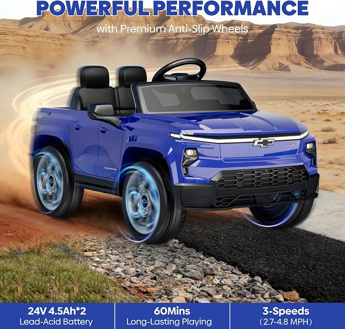 24V Ride On Toy, Licensed Chevrolet Silverado Vehicle for Kids, Birthday Gift Electric Cars with Remote Control for Toddlers, Wide Seat, Soft Start, 3 Speed, Music Player, Blue