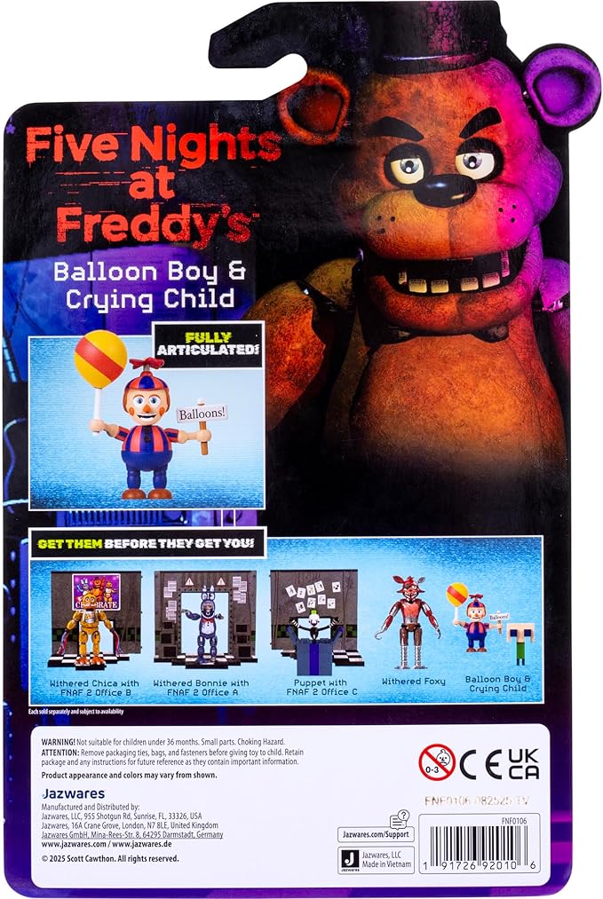 Jazwares Five Nights at Freddy’s Balloon Boy - 2.5-Inch Articulated Figure and Glow-in-The-Dark Eyes Plus 2-Inch Crying Child Figure