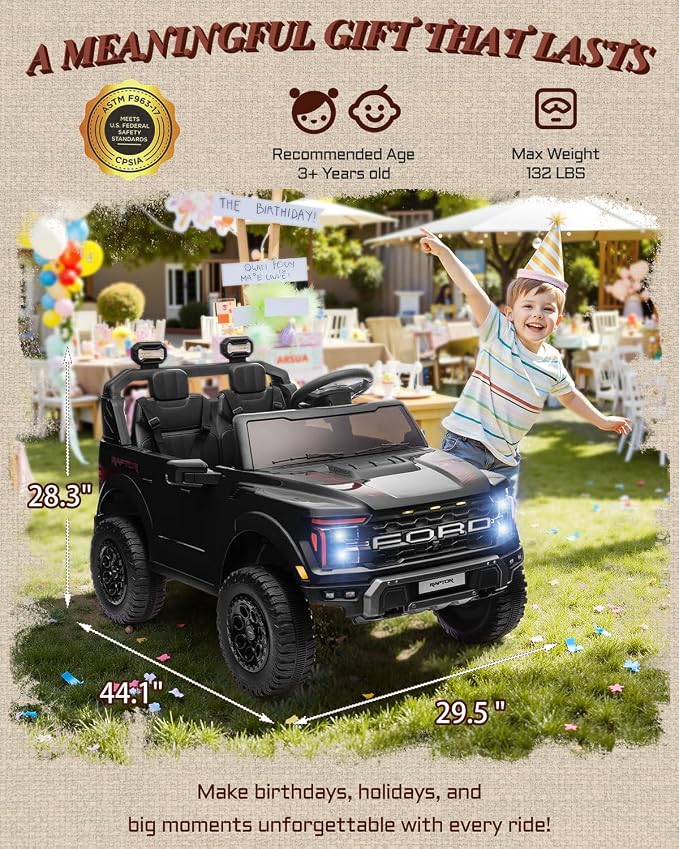 First Ride On 24V Ride on Toys for Big Kids, Licensed Ford F-150 Raptor 2 Seater Kids Ride on Car w/Remote Control, Toddler Electric Car w/LED Lights, Bluetooth, Truck Bed Storage, Soft Start (Black)