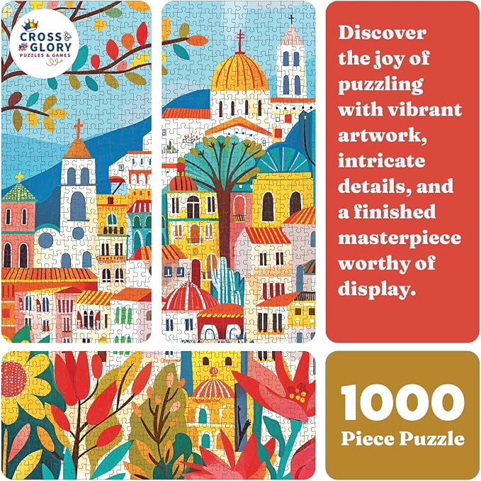 Cross & Glory - Charming Barcelona in Bloom - 1000 Piece Jigsaw Puzzle for Adults | Colorful Floral Folk Art Puzzle for Barcelona Lovers and Art Enthusiasts