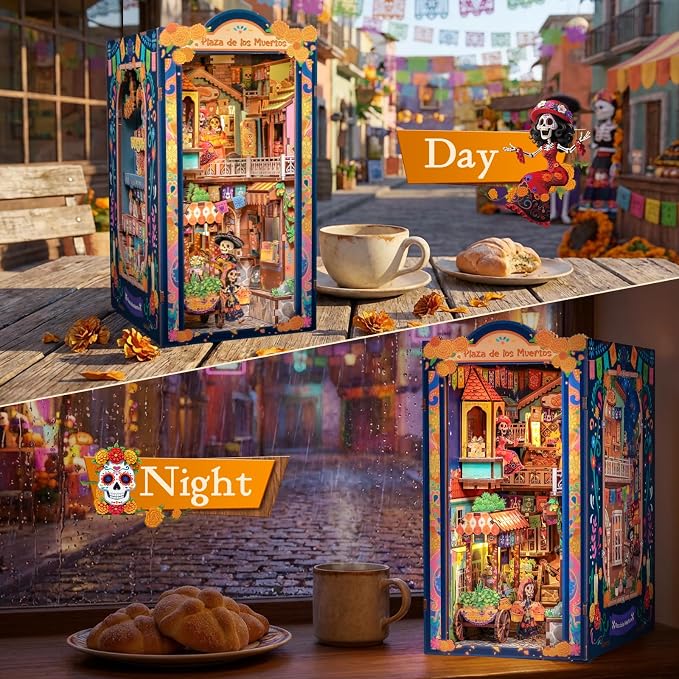 Cutefun Book Nook Kits for Adults, Mexican Art & Culture DIY Miniature House Dollhouse Bookend, 3D Wooden Puzzle with LED for Bookshelf Insert Decor, Creative Gifts for Teens (Plaza de Los Muertos)