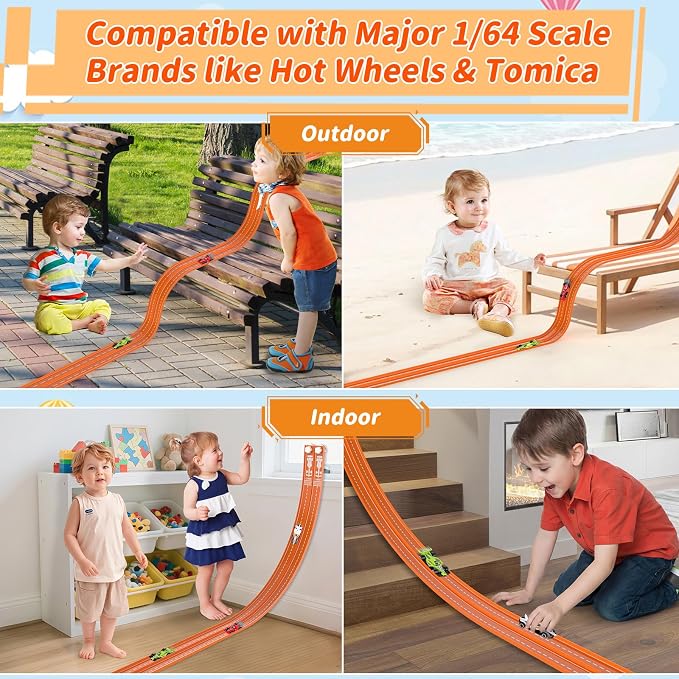 20Ft Flexible Race Track, Slot Car Race Track Set for Kids Ages 3+,Dual Racing Game 2 High-Speed Cars 1/64 Scale, w/8 Suction Cups,4 Alloy Cars– Ideal Easter Birthday Gift for Boys & Girls (Orange)