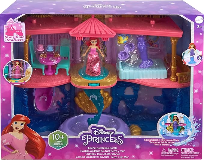 Mattel Disney Princess The Little Mermaid Toys, Ariel Doll House Stackable Castle with Land & Sea Levels, Small Doll, 1 Friend, 12 Pieces & Pool