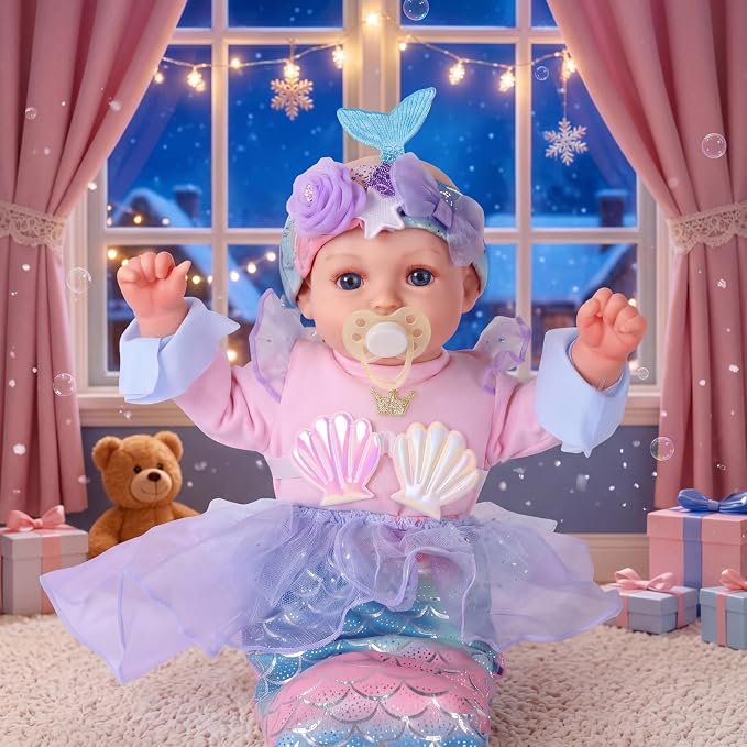 BABESIDE Mermaid Baby Doll Girl, 15-Inch Realistic Soft Baby Dolls with Shiny Mermaid Tail & Accessories, Cute Mermaid Toys for Girls Ages 3+ Kids, Christmas, Birthday