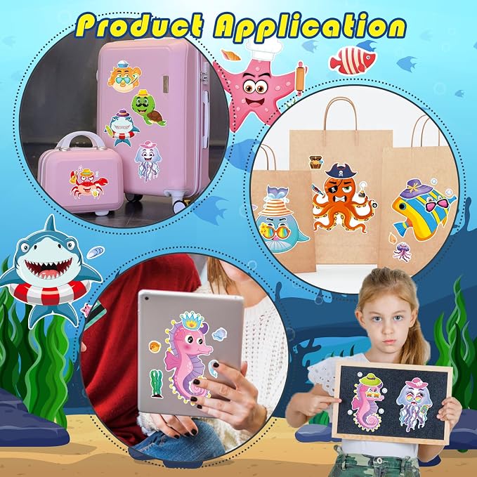 24 Sheets Ocean Stickers for Kids, Make Your Own Ocean Animals Stickers for Kids, Toddlers Classroom Art Crafts, Summer Birthday Party Favors