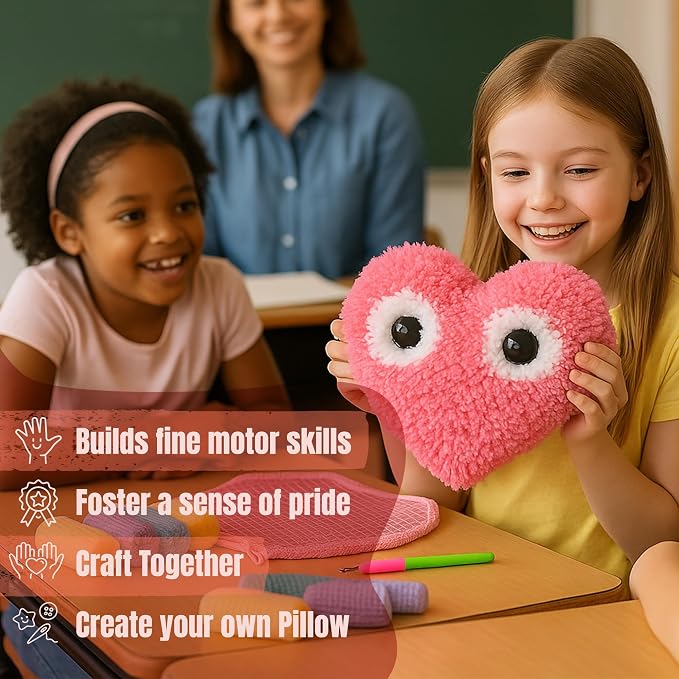 CRAFTILOO Latch Hook Kit for Kids Rug DIY Pillow Craft with Hook, Precut Yarn, Easy to Follow Pattern Cute Designs with Googley Eyes Heart Ages 6+