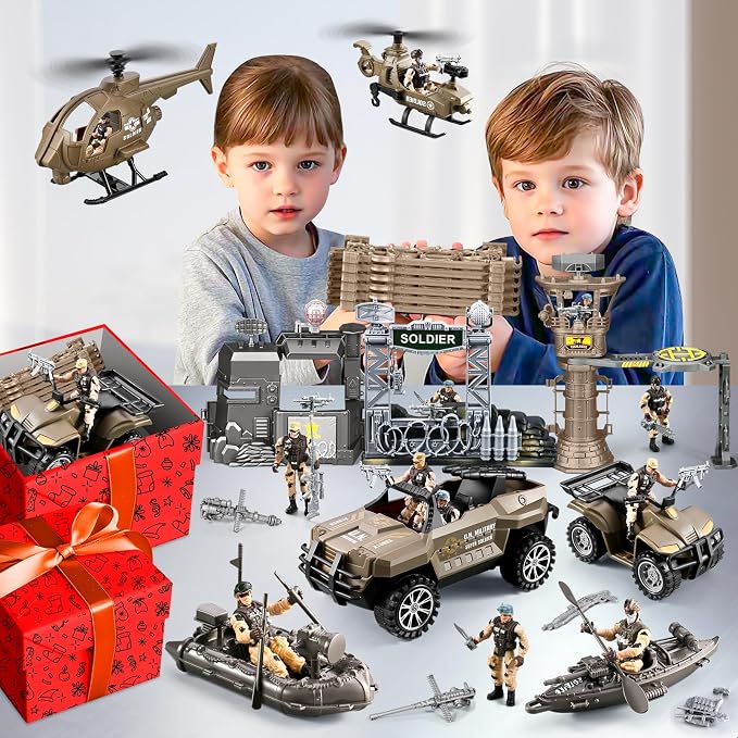 88-in-1 Army Men Toys Sets for Boys 4-7 8-12, Military Base/Truck/Helicopter/Kayak Boat/Motorcycle/Army Men Action Figures/Weapon Gears, Army Toys for Boys Kids Birthday Gifts Party Favors