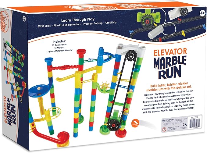 MindWare Marble Run 110 Piece Building Set with 82 Track Pieces, 15 Marbles and Motorized Elevator