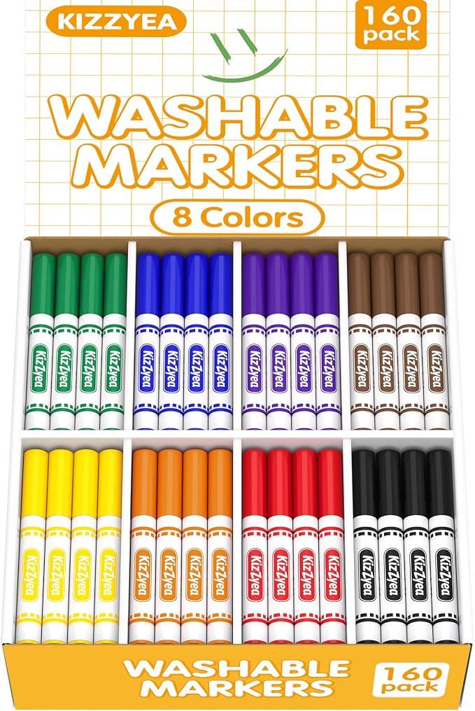 KIZZYEA Washable Markers Bulk, Markers for Kids, 8 Assorted Colors, 160 Count, Broad Line Marker for School, Student Art Supplies & Back to School Crafts, Classroom Essentials for Teachers