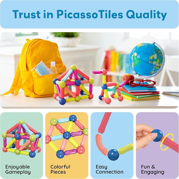 PicassoTiles Magnetic Building Stick Block Construction Set with Storage Bin Colorful 3D STEM Toy Blocks Bar Balls & Rods Montessori Educational for All Ages Puzzle Toy for Boys & Girls PTX50