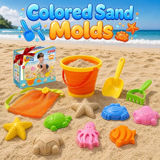 Beach Sand Toys Set for Toddlers, Portable Travel Beach Toys with Collapsible Bucket, Shovel, Rake, Molds & Mesh Storage Bag for Kids, Summer Gift (Tangerine)